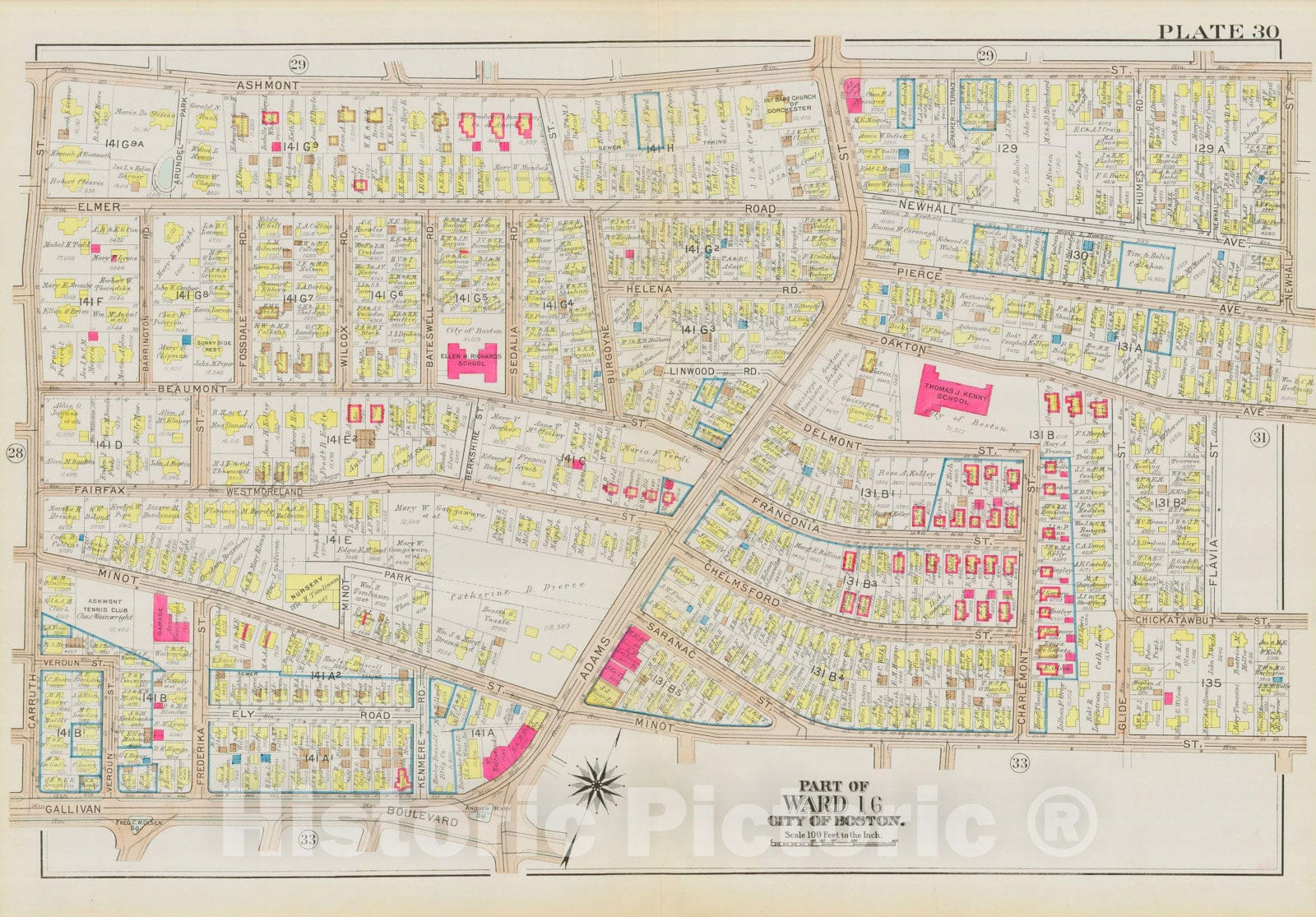 Historic Map : Atlas City of Boston, Dorchester, Dorchester 1933 Plate 030 , Vintage Wall Art