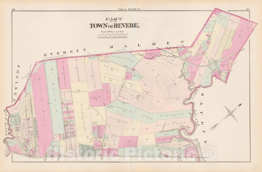Historic Map : Atlas of county of Suffolk, MA Vol. 4, Revere 1874 Plate P , Vintage Wall Art
