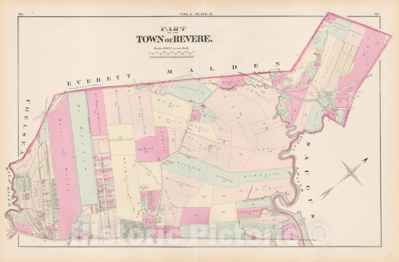 Historic Map : Atlas of county of Suffolk, MA Vol. 4, Revere 1874 Plate P , Vintage Wall Art