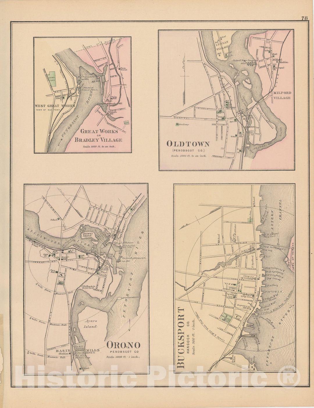 Historic Map : Atlas of Maine, Bradley & Bucksport & Old Town & Orono 1885 , Vintage Wall Art
