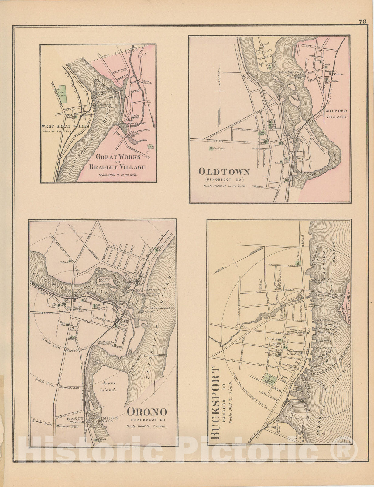 Historic Map : Atlas of Maine, Bradley & Bucksport & Old Town & Orono 1885 , Vintage Wall Art