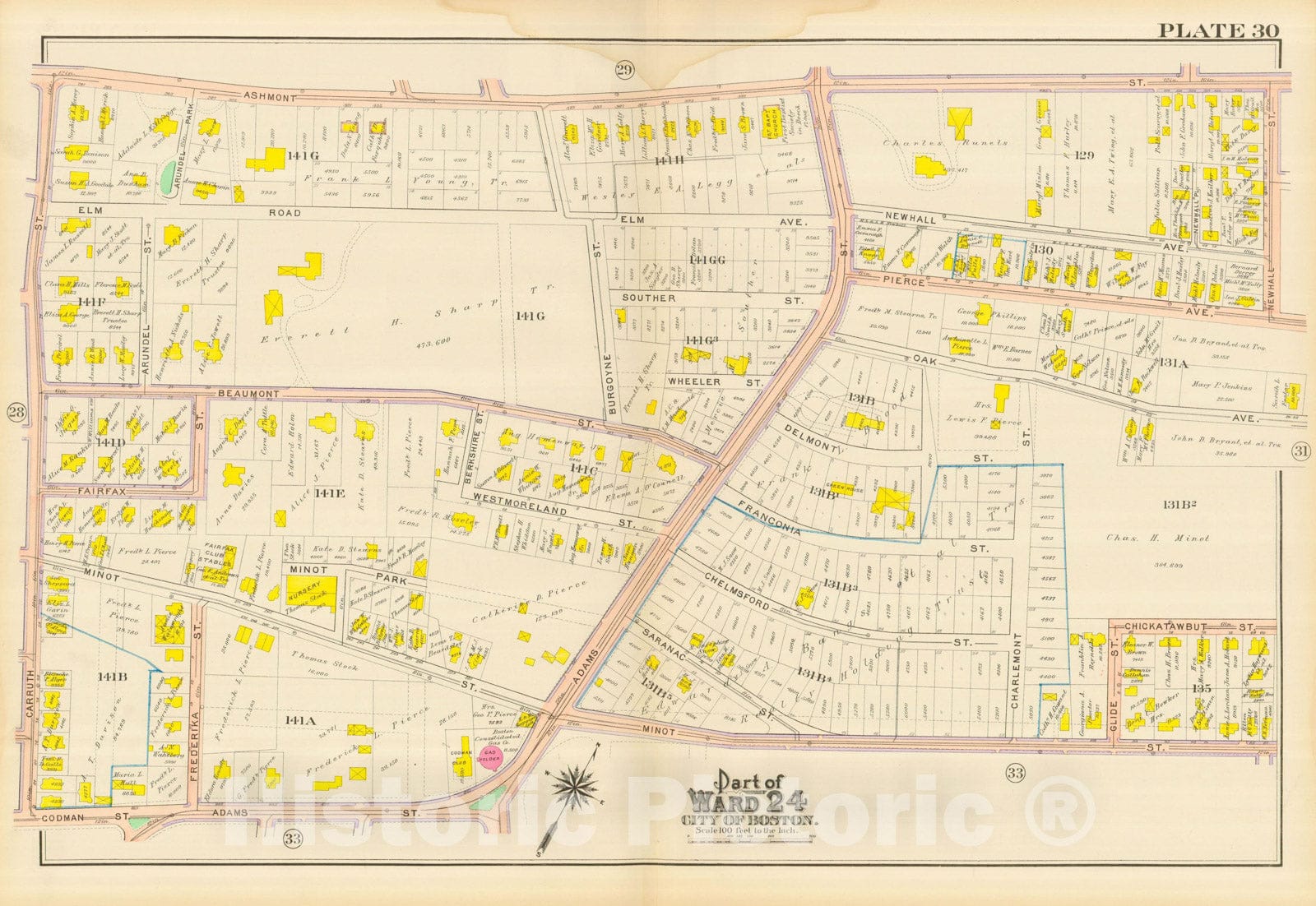 Historic Map : Atlas City of Boston, Dorchester, Dorchester 1910 Plate 030 , Vintage Wall Art