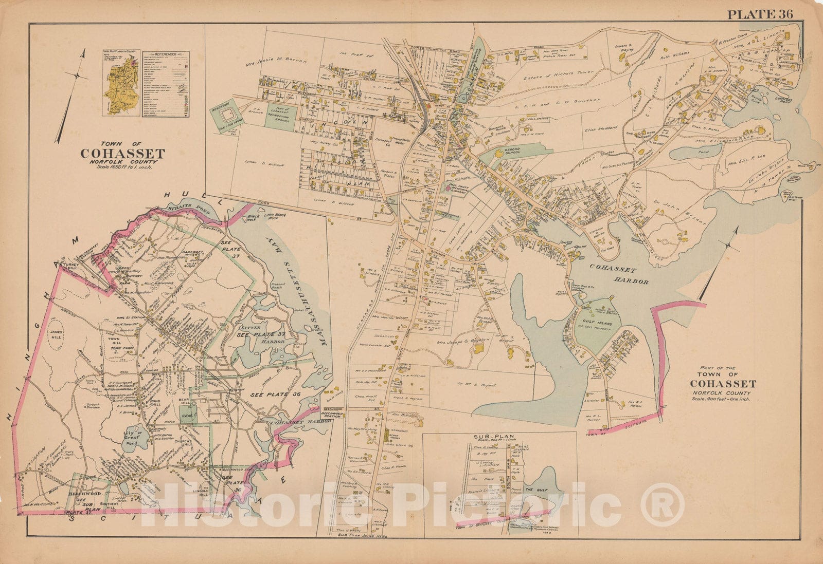 Historic Map : MA, Cohasset 1903 Plate 036 , New Topographical Atlas of Surveys of Plymouth County ... , Vintage Wall Art