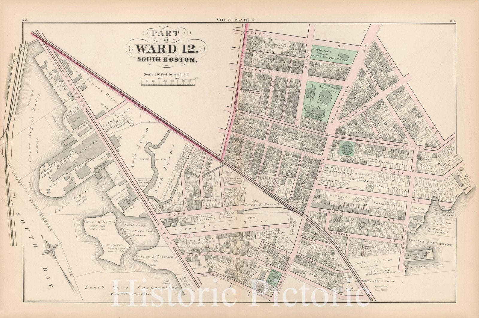 Historic Map : Atlas of County of Suffolk, MA Vol. 3rd, South Boston 1874 Plate D , Vintage Wall Art