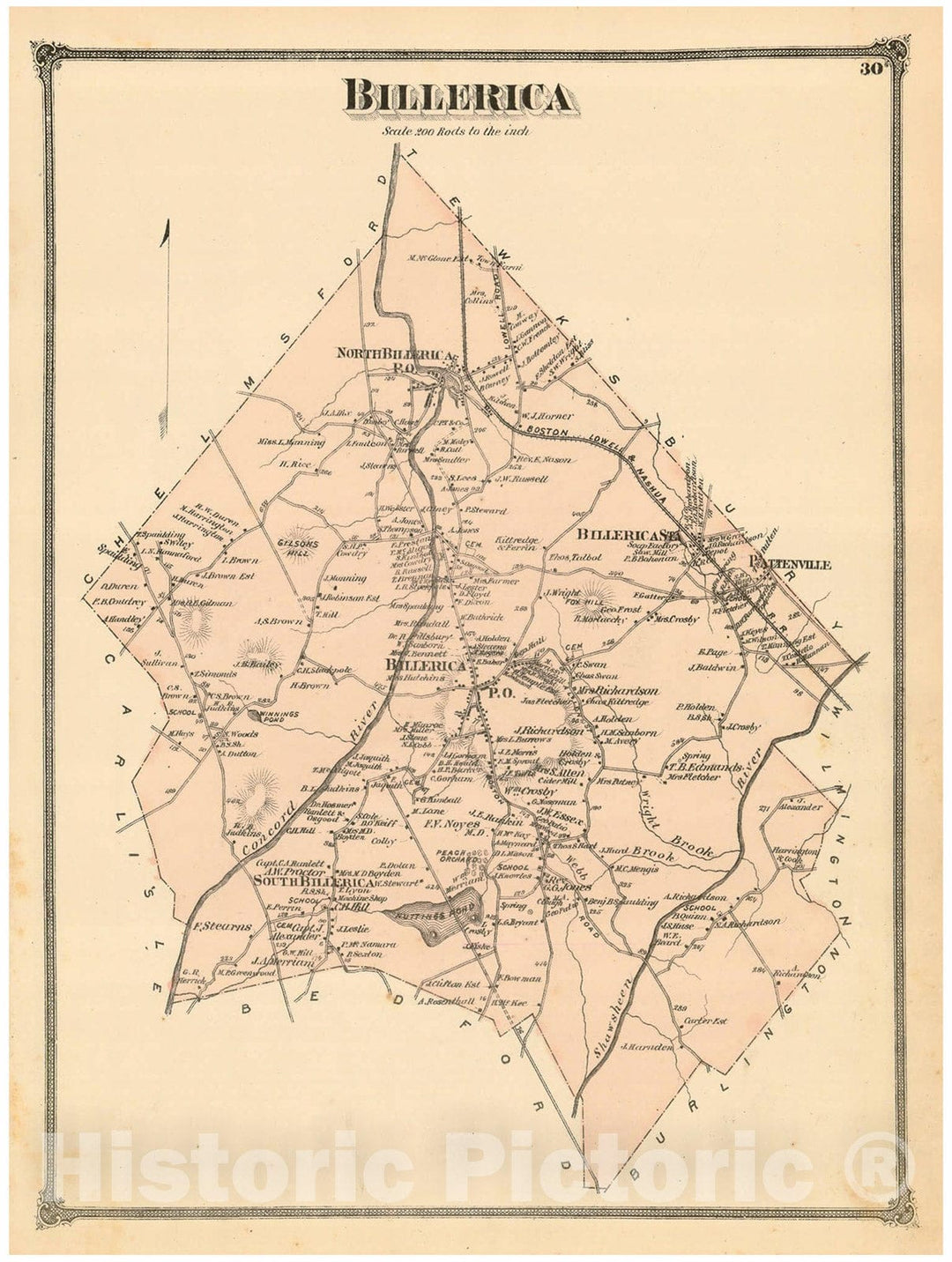 Historic Map : County Atlas of Middlesex Massachusetts, Billerica 1875 , v2, Vintage Wall Art