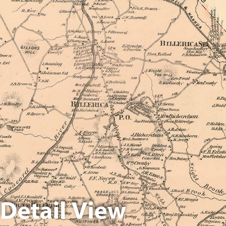 Historic Map : County Atlas of Middlesex Massachusetts, Billerica 1875 , v2, Vintage Wall Art