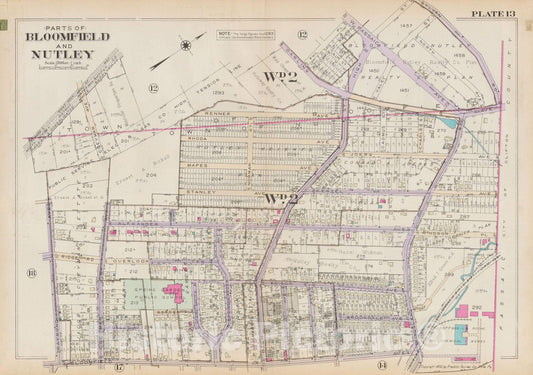 Historic Map : Atlas of Bloomfield, Belleville and Nutley; Essex County Vol D, Bloomfield & Nutley 1932 Plate 013 , Vintage Wall Art