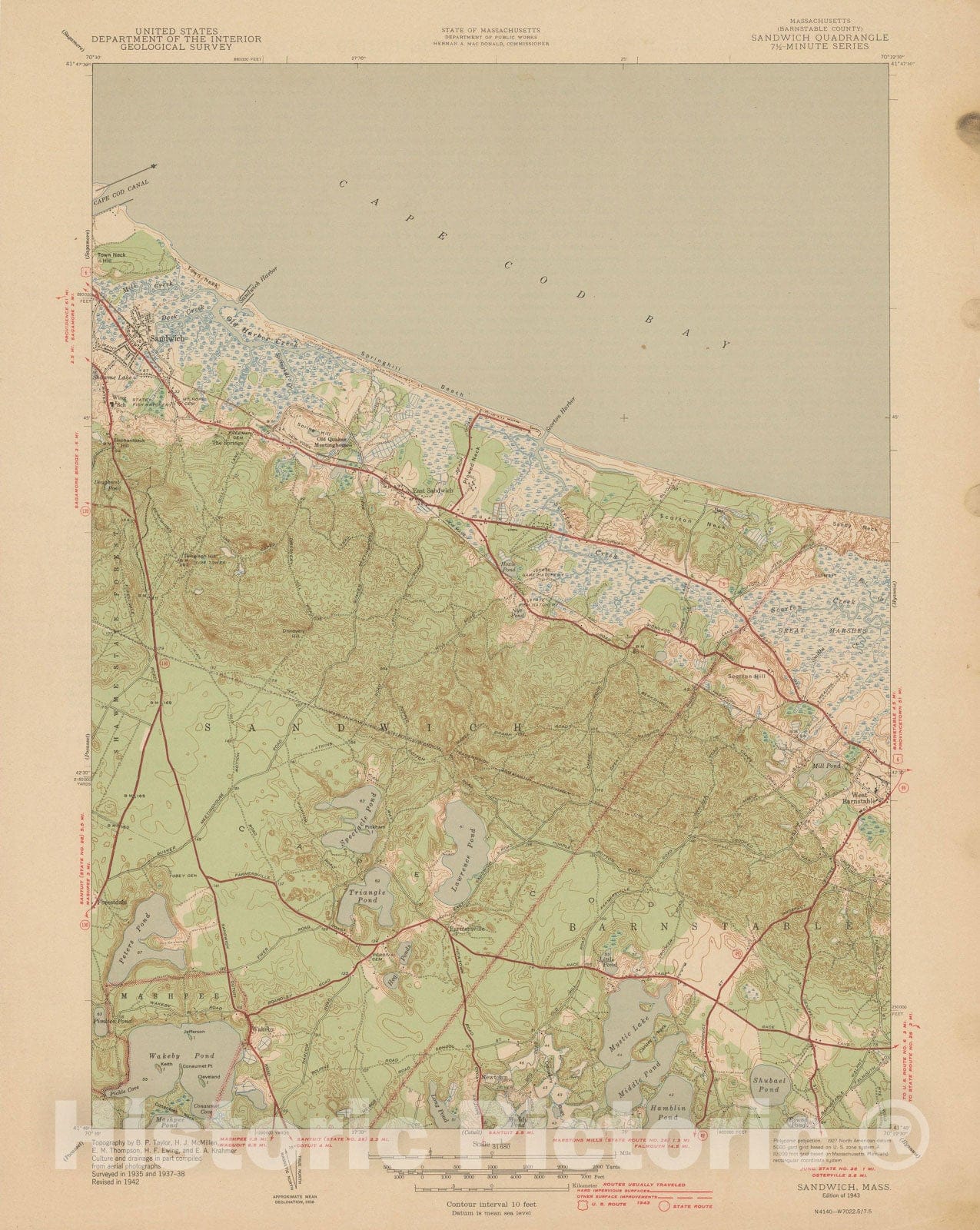 Historic Map : USGS 7.5 Minute Sheets and Quadrangles, Barnstable & Sandwich 1943 Topographic Map , Vintage Wall Art