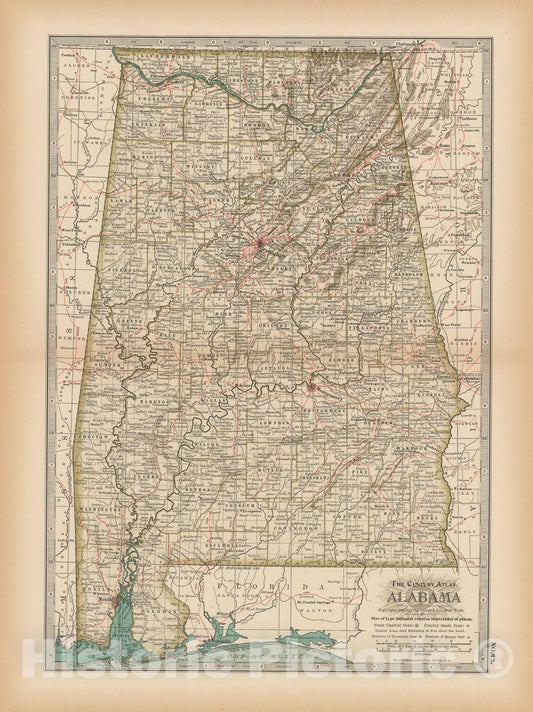 Historic Map : Alabama 1897 , The Century Atlas World , Vintage Wall Art