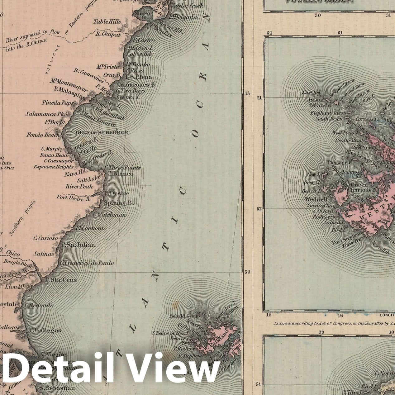 Historic Map : Patagonia 1855 , Colton's Atlas World , Vintage Wall Art
