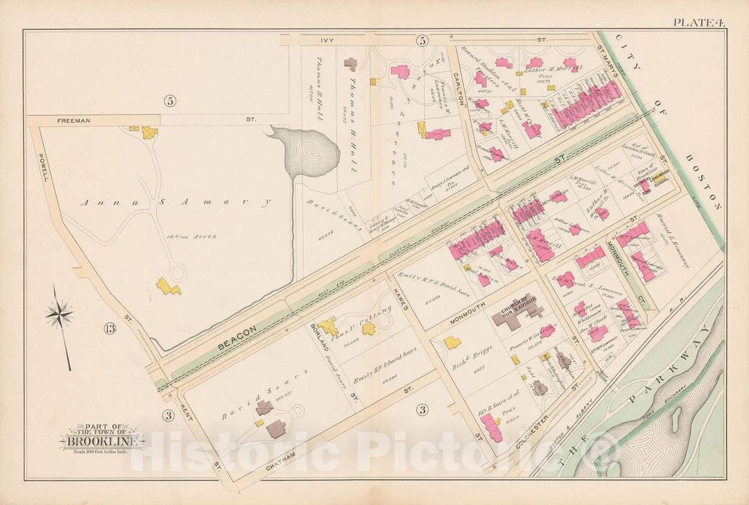 Historic Map : Atlas Town of Brookline, Brookline 1893 Plate 004 , Vintage Wall Art