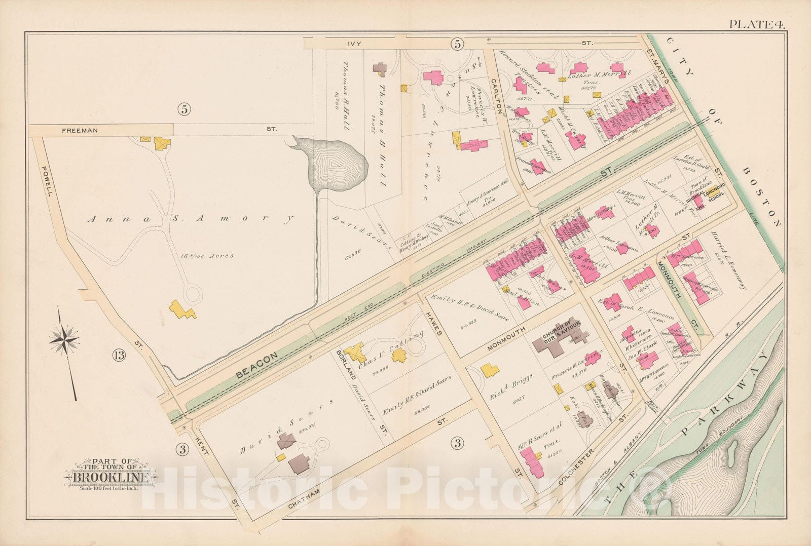 Historic Map : Atlas Town of Brookline, Brookline 1893 Plate 004 , Vintage Wall Art