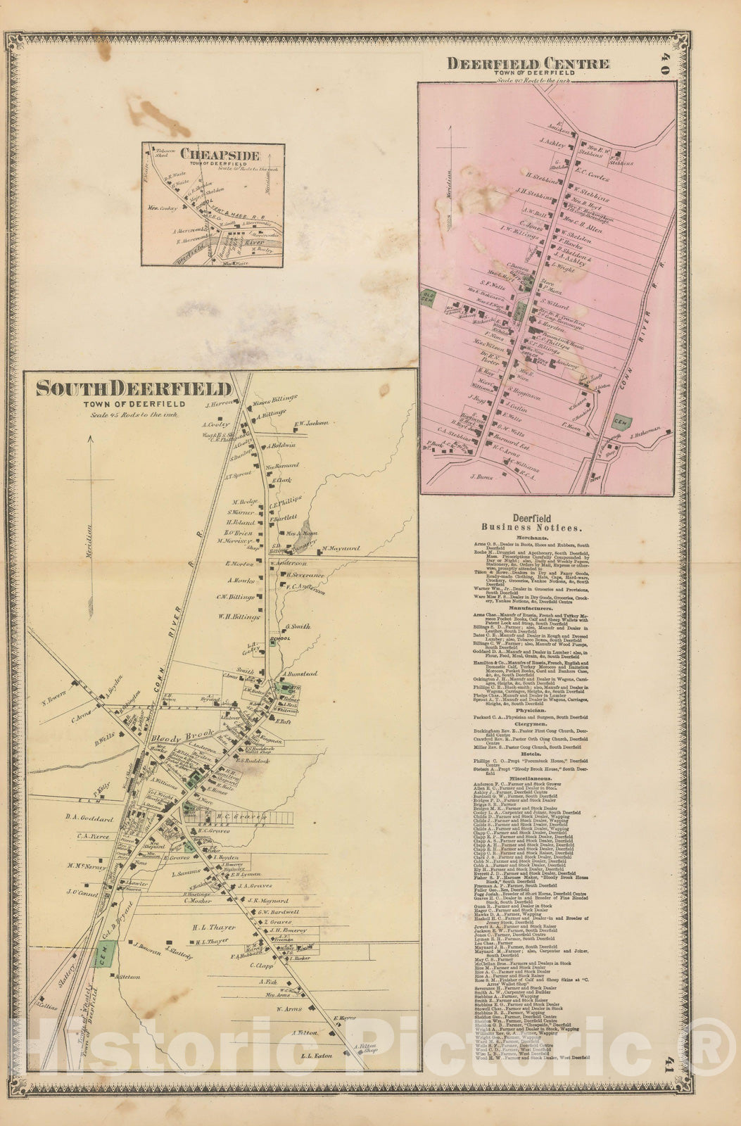 Historic Map : Atlas of Franklin Co. Massachusetts, Deerfield 1871 , v2, Vintage Wall Art