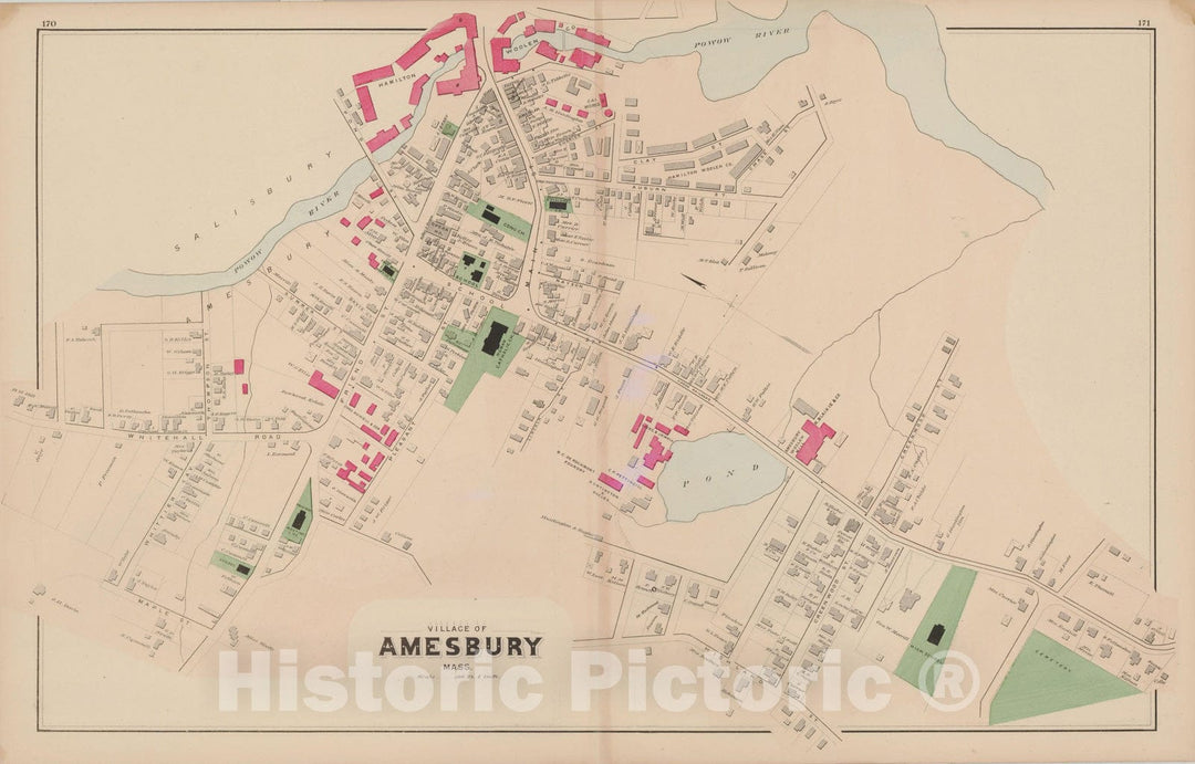 Historic Map : Atlas of Essex County, Amesbury 1884 , v2, Vintage Wall Art