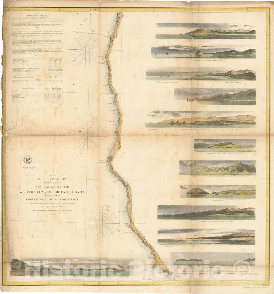 Historic Map : Coastal Charts - Rooney Collection, W. Coast of U.S. - San Francisco to Umpquah River 1852 Topographic Map , Vintage Wall Art
