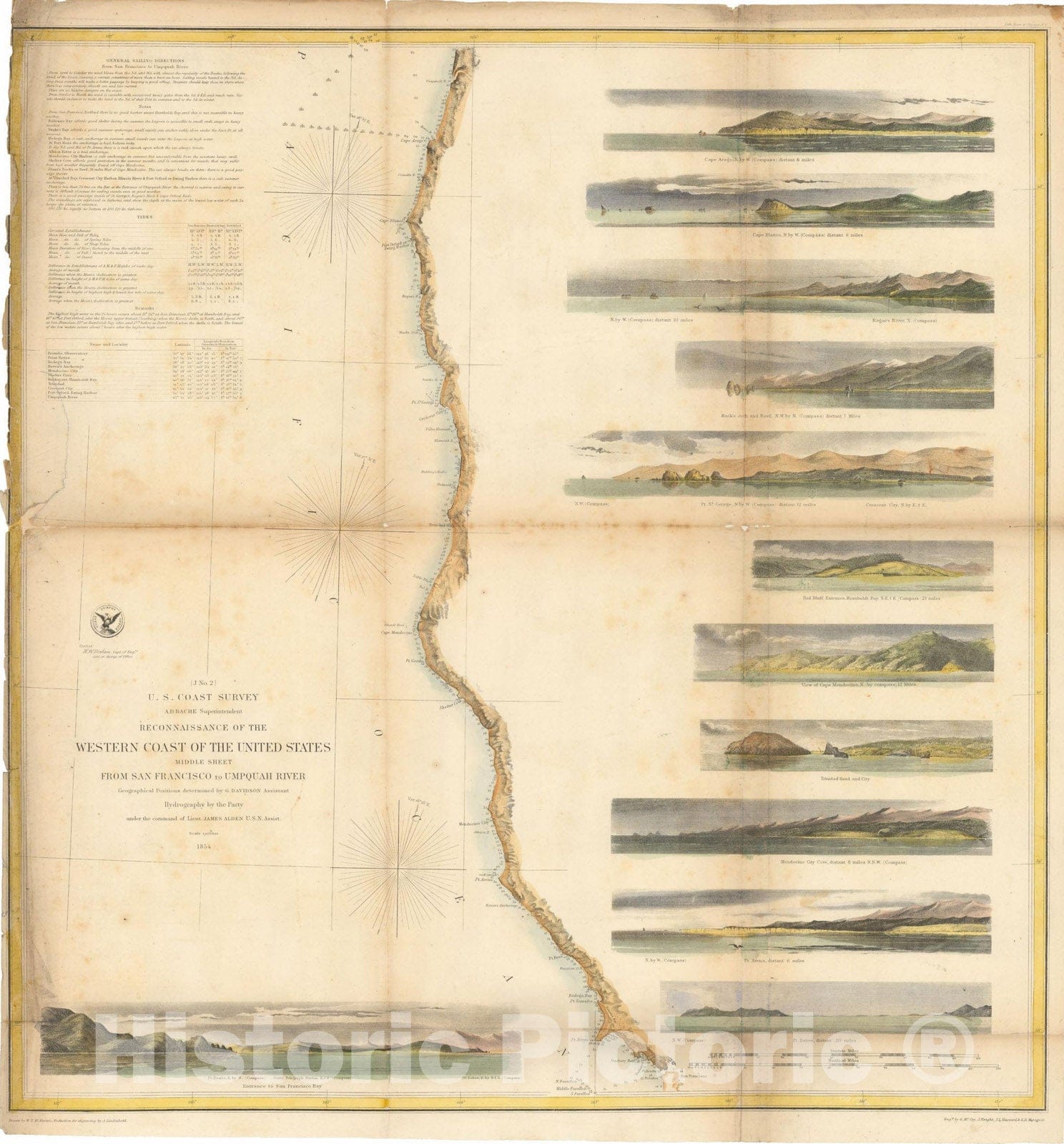 Historic Map : Coastal Charts - Rooney Collection, W. Coast of U.S. - San Francisco to Umpquah River 1852 Topographic Map , Vintage Wall Art