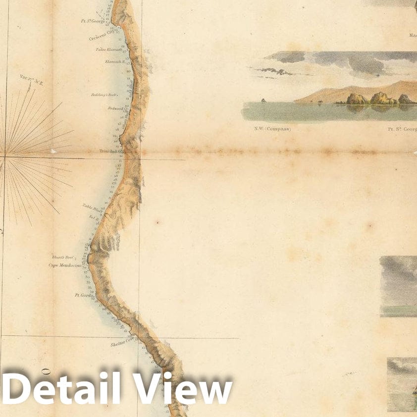 Historic Map : Coastal Charts - Rooney Collection, W. Coast of U.S. - San Francisco to Umpquah River 1852 Topographic Map , Vintage Wall Art