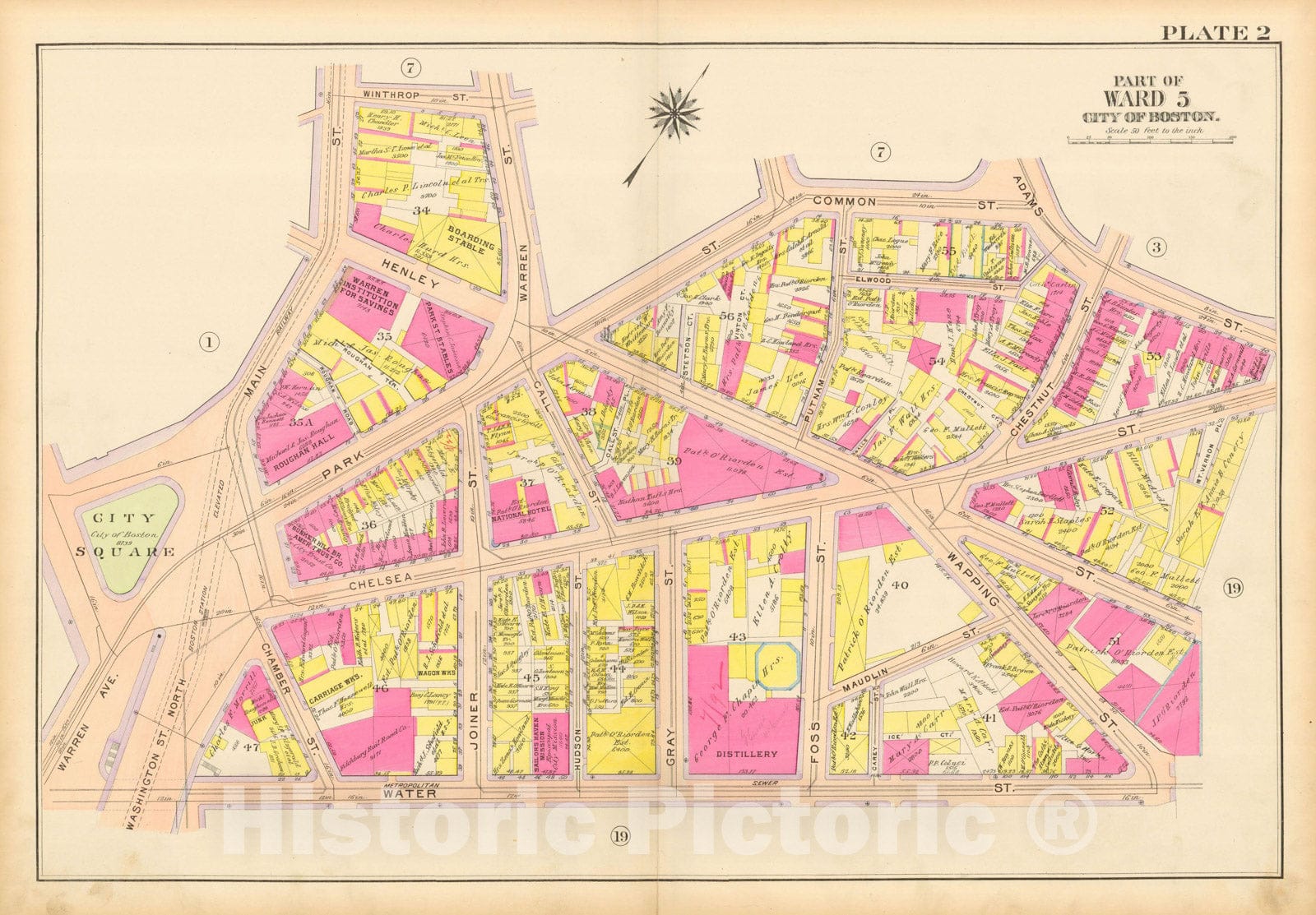 Historic Map : Atlas City of Boston: Charlestown and East Boston, Charlestown 1912 Plate 002 , Vintage Wall Art