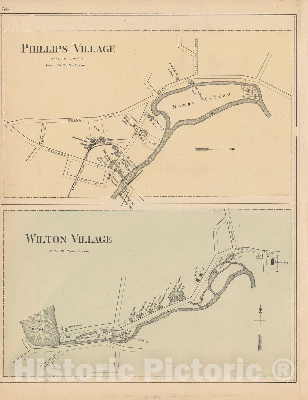 Historic Map : Atlas of Maine, Phillips Village & Wilton 1885 , Vintage Wall Art