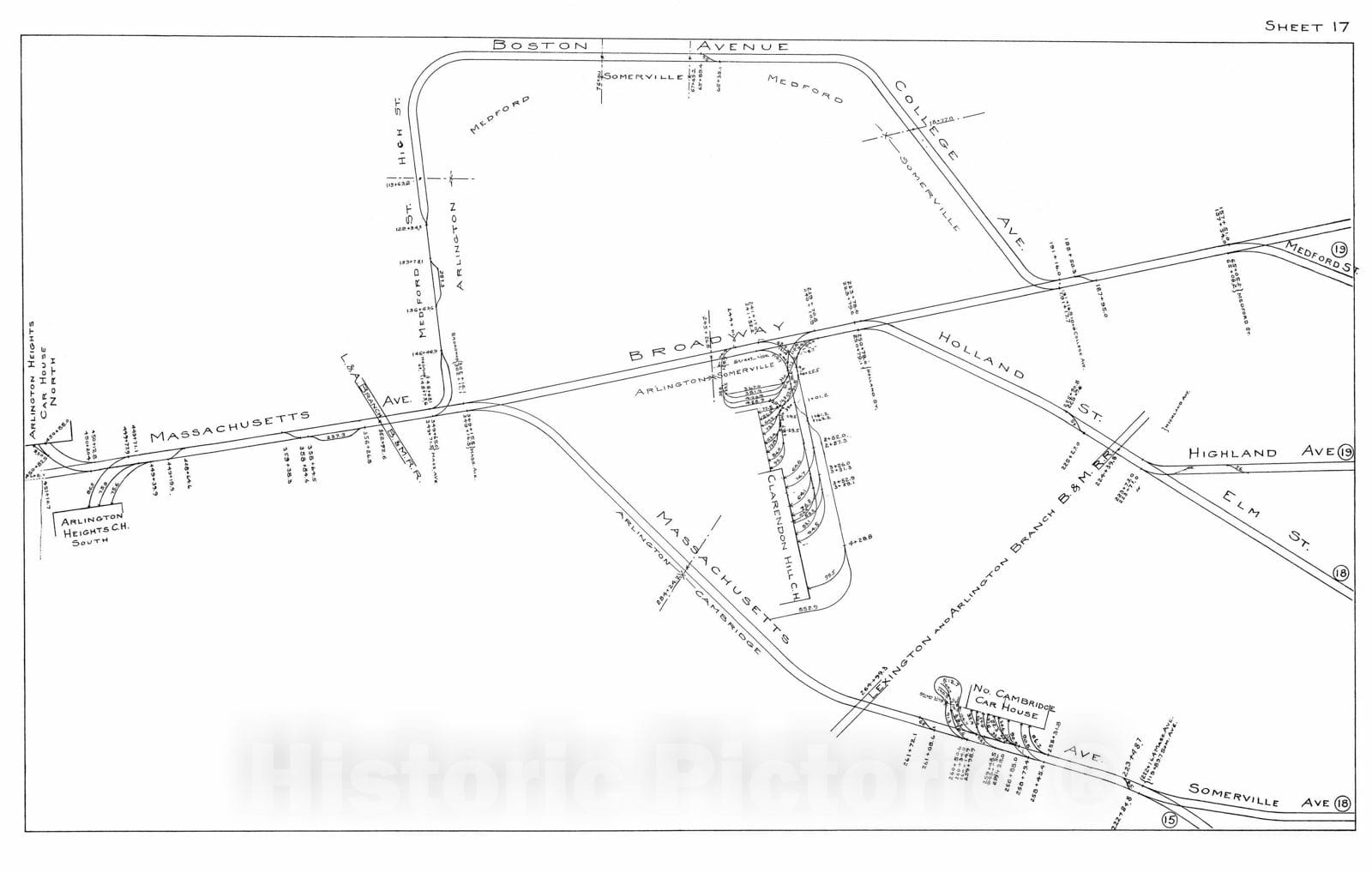 Historic Map : Boston Elevated Railway Track Plans, Arlington & Somerville 1899-1915 Plate 017 , Vintage Wall Art