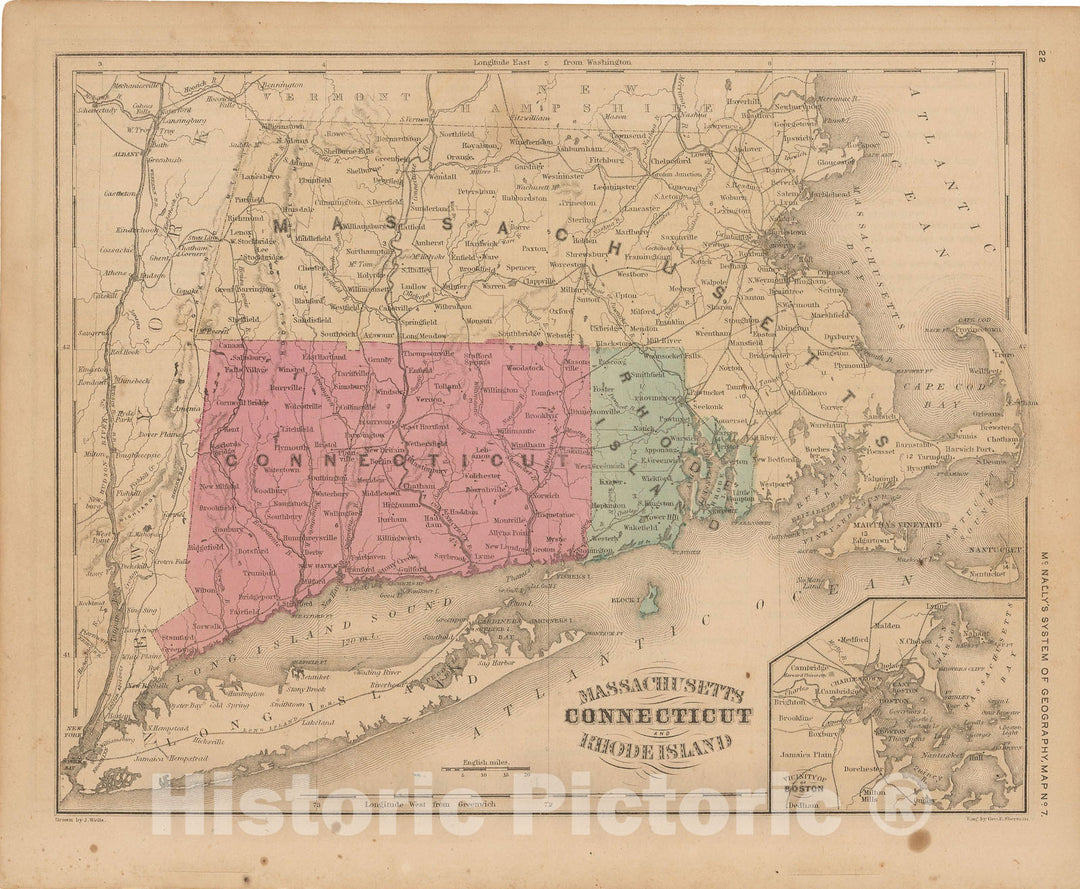 Historic Map : McNally's Improved System of Geography, Connecticut & Massachusetts & Rhode Island 1856 , Vintage Wall Art