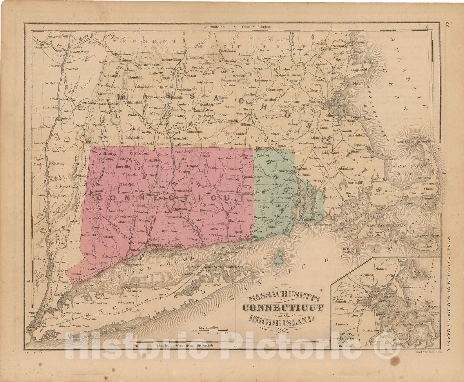 Historic Map : McNally's Improved System of Geography, Connecticut & Massachusetts & Rhode Island 1856 , Vintage Wall Art