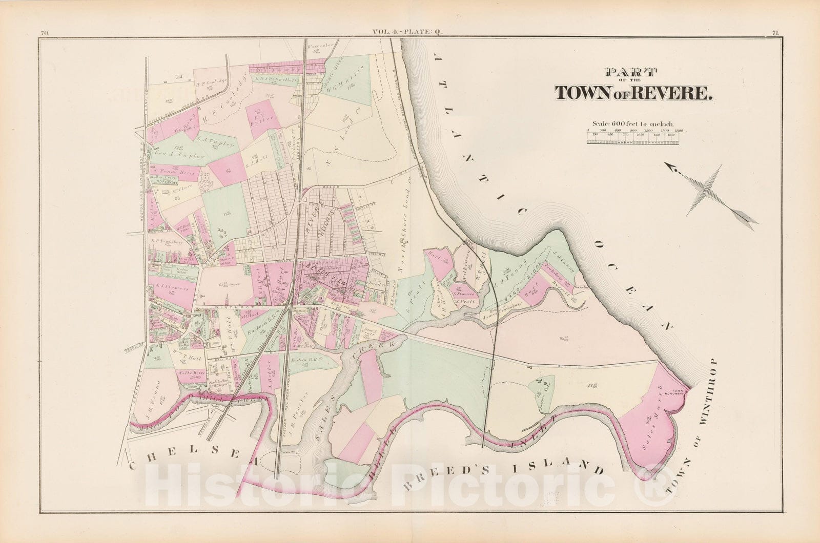 Historic Map : Atlas of county of Suffolk, MA Vol. 4, Revere 1874 Plate Q , Vintage Wall Art