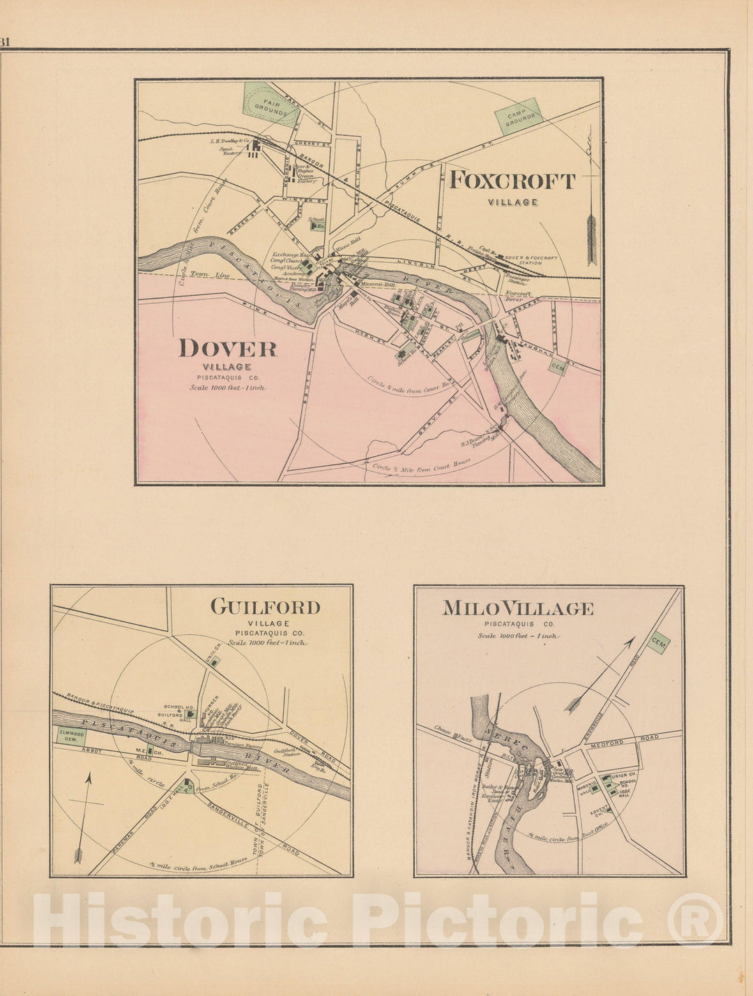 Historic Map : Atlas of Maine, Dover & Foxcroft & Guilford & Milo 1885 , Vintage Wall Art