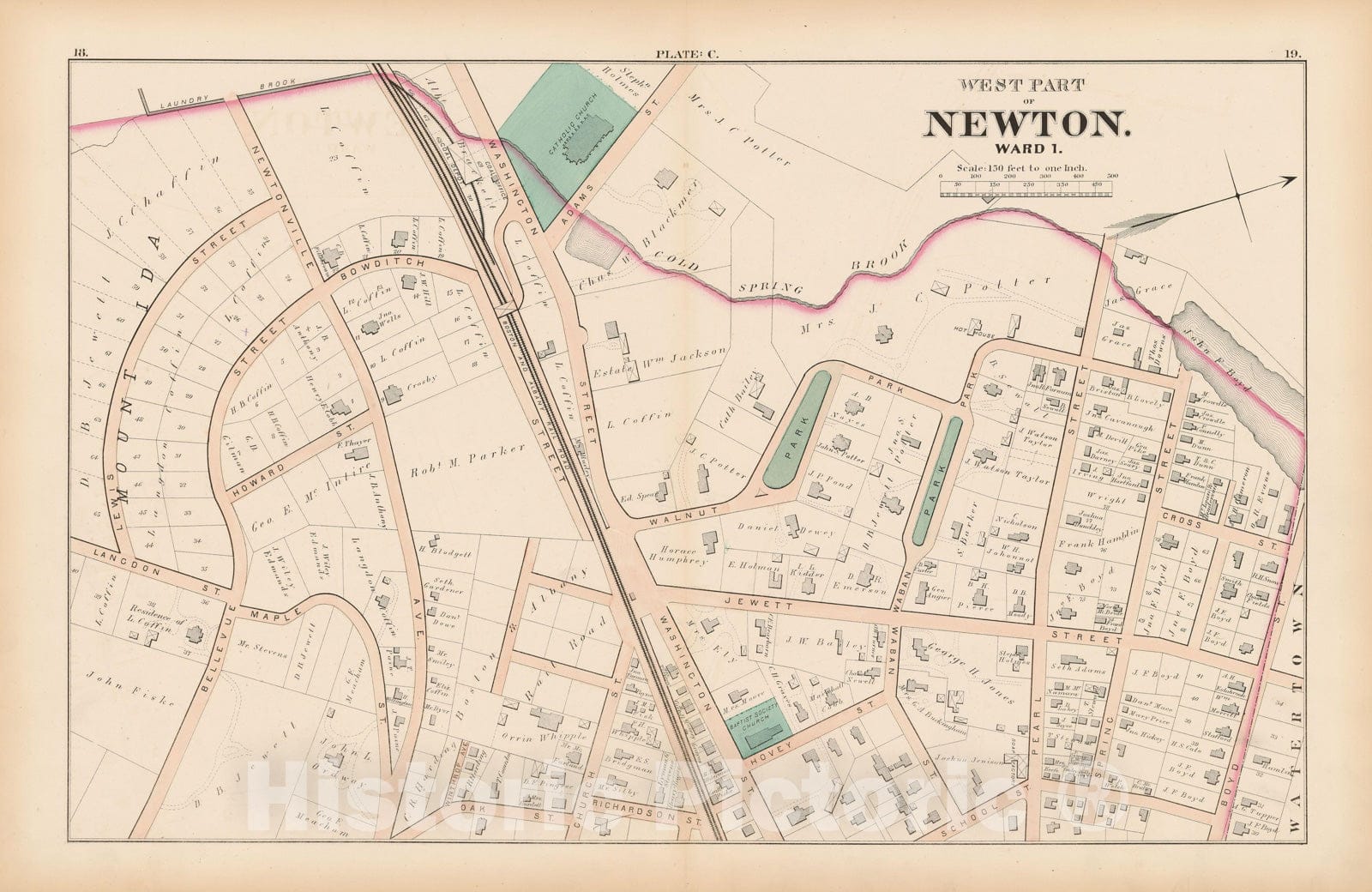 Historic Map : City of Newton, Middlesex County, Newton 1874 Plate C , Vintage Wall Art