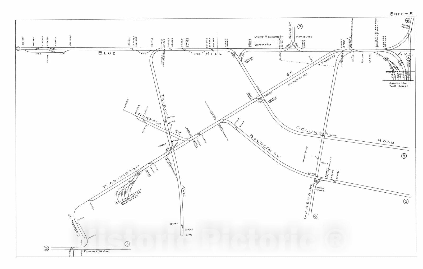 Historic Map : Boston Elevated Railway Track Plans, Dorchester 1899-1915 Plate 005 , Vintage Wall Art