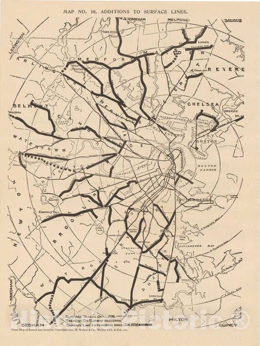 Historic Map : Boston Elevated Railway Co. Informational Maps, Map 10: Additions to Surface Lines 1910 Transit Railroad Catography , Vintage Wall Art