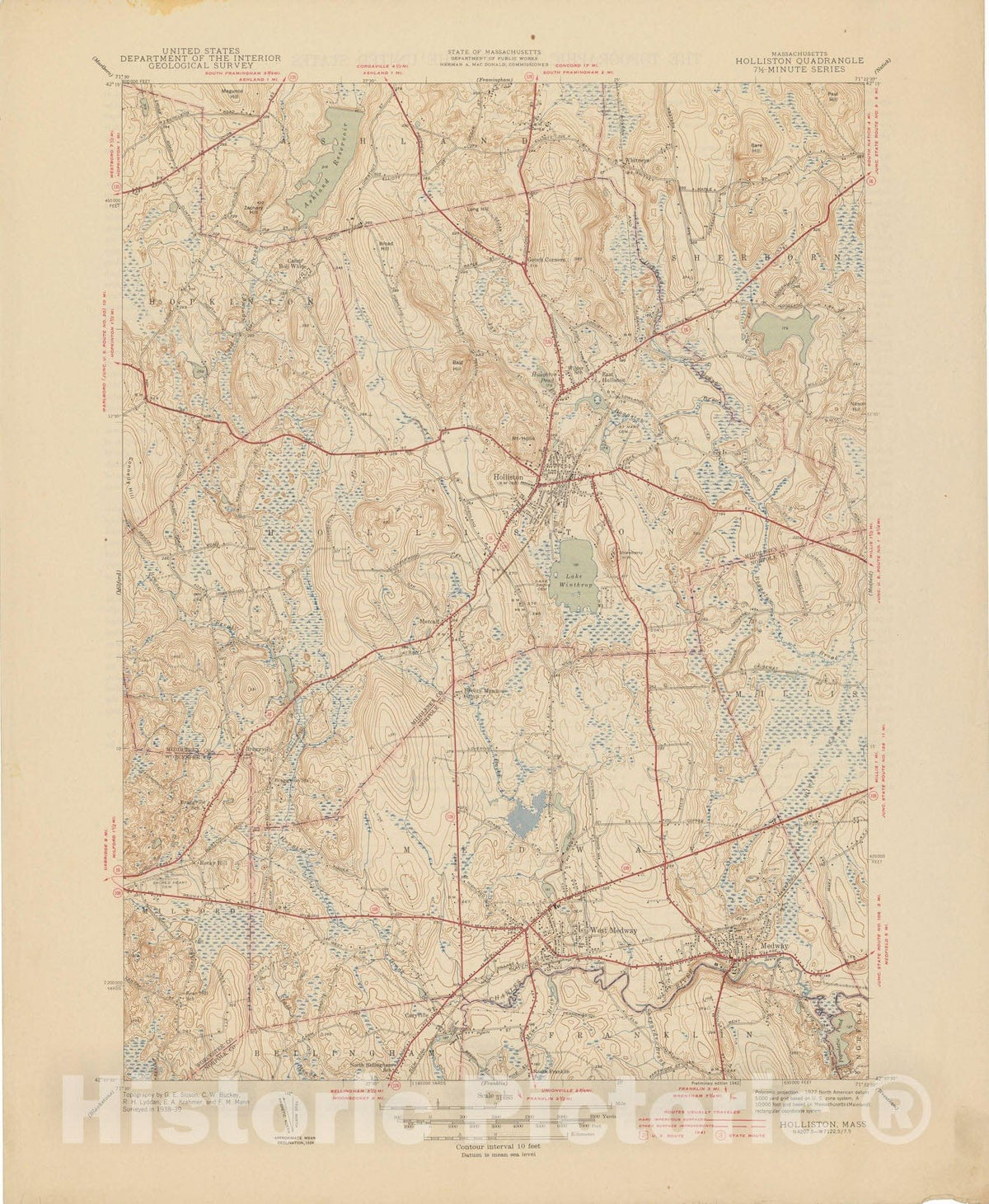 Historic Map : USGS 7.5 Minute Sheets and Quadrangles, Holliston 1927 Topographic Map , Vintage Wall Art