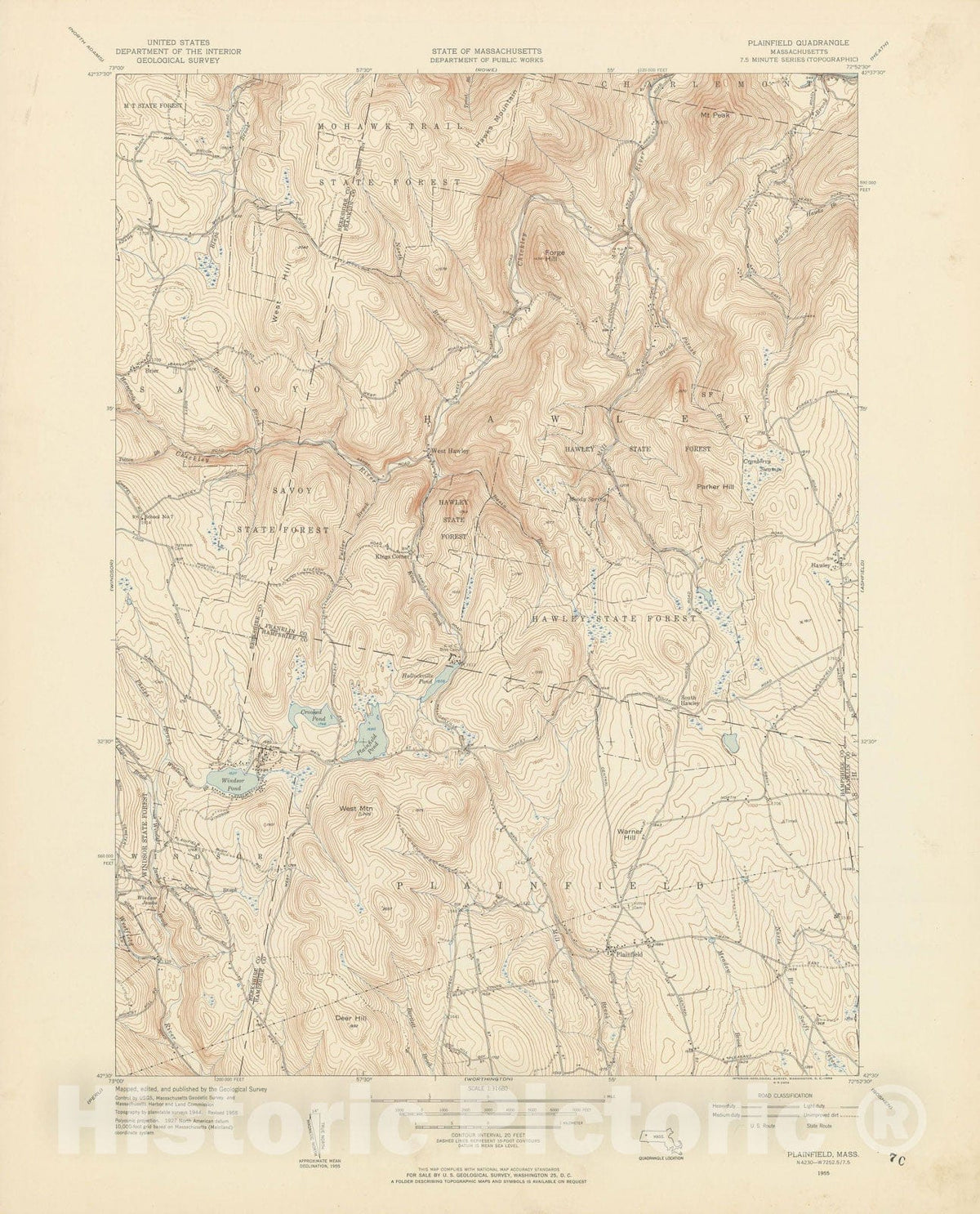 Historic Map : USGS 7.5 Minute Sheets and Quadrangles, Hawley & Plainfield 1955 Topographic Map , Vintage Wall Art