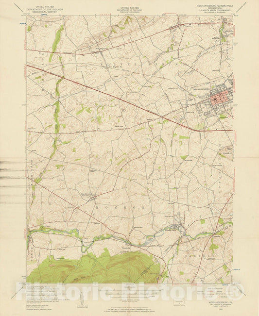 Historic Map : USGS 7.5 Minute Sheets and Quadrangles, Mechanicsburg & Monroe & Silver Spring 1952 Topographic Map , Vintage Wall Art