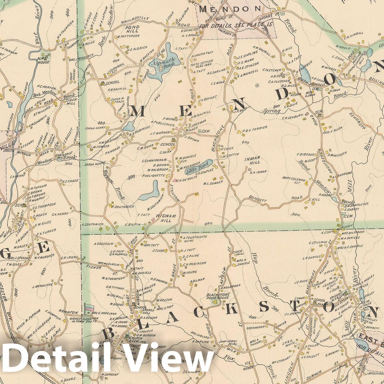 Historic Map : New Topo Atlas County of Worcester, Blackstone & Mendon & Uxbridge 1898 Plate 014 , Vintage Wall Art