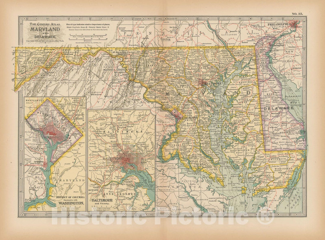 Historic Map : Maryland 1897 , The Century Atlas World , Vintage Wall Art
