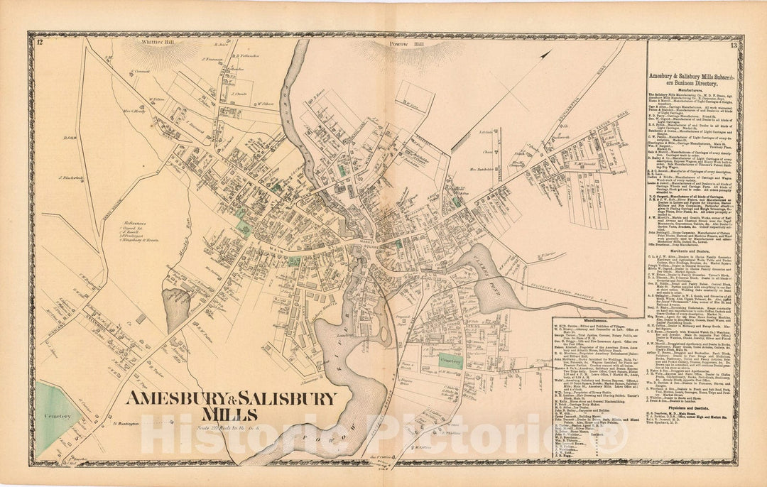 Historic Map : Atlas of Essex County Massachusetts, Amesbury 1872 , Vintage Wall Art
