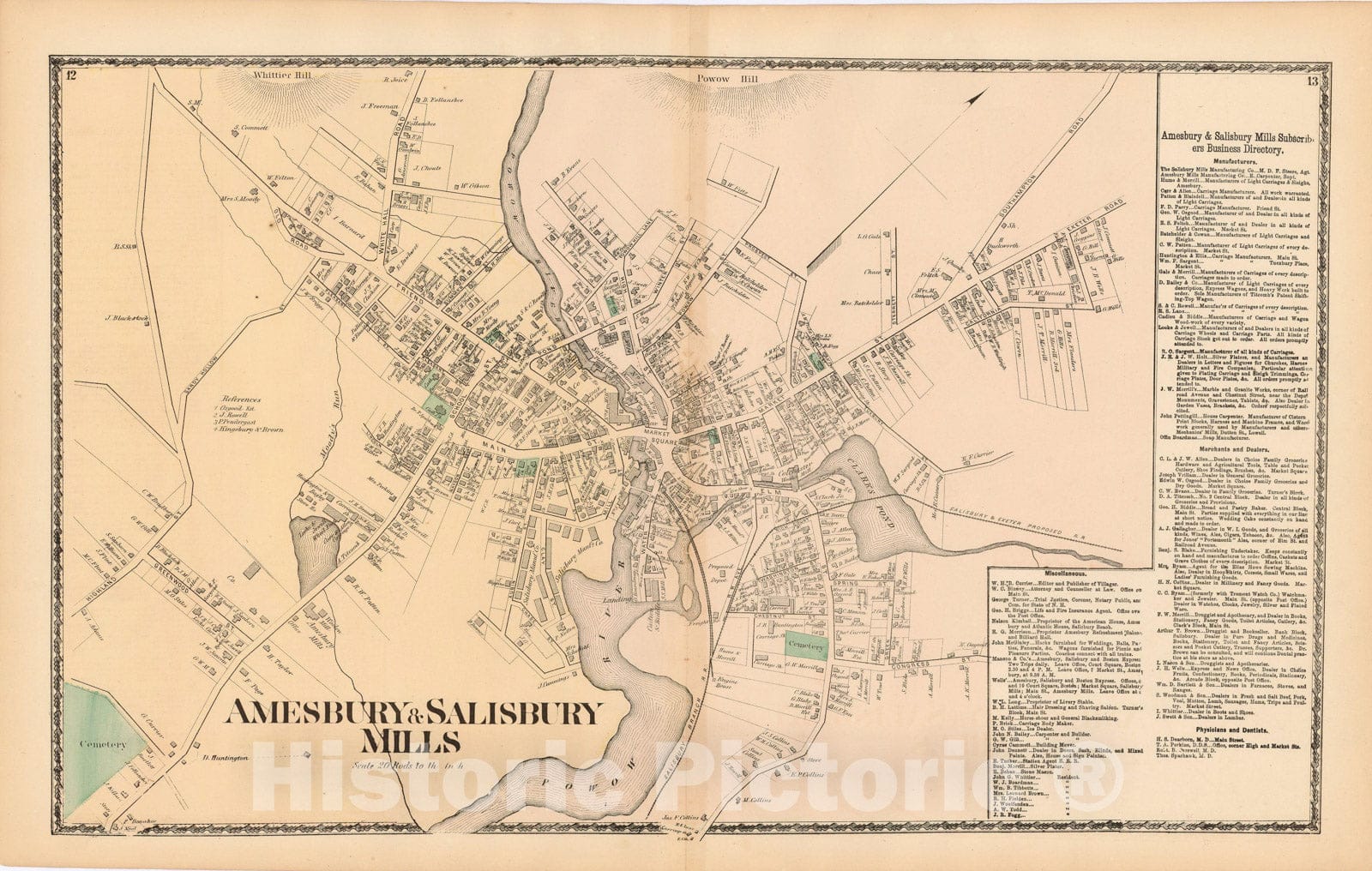 Historic Map : Atlas of Essex County Massachusetts, Amesbury 1872 , Vintage Wall Art