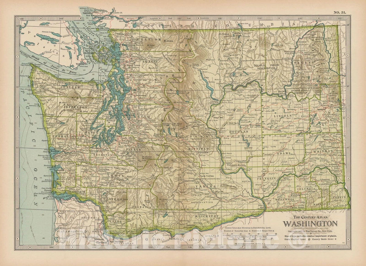 Historic Map : Washington 1897 , The Century Atlas World , Vintage Wall Art