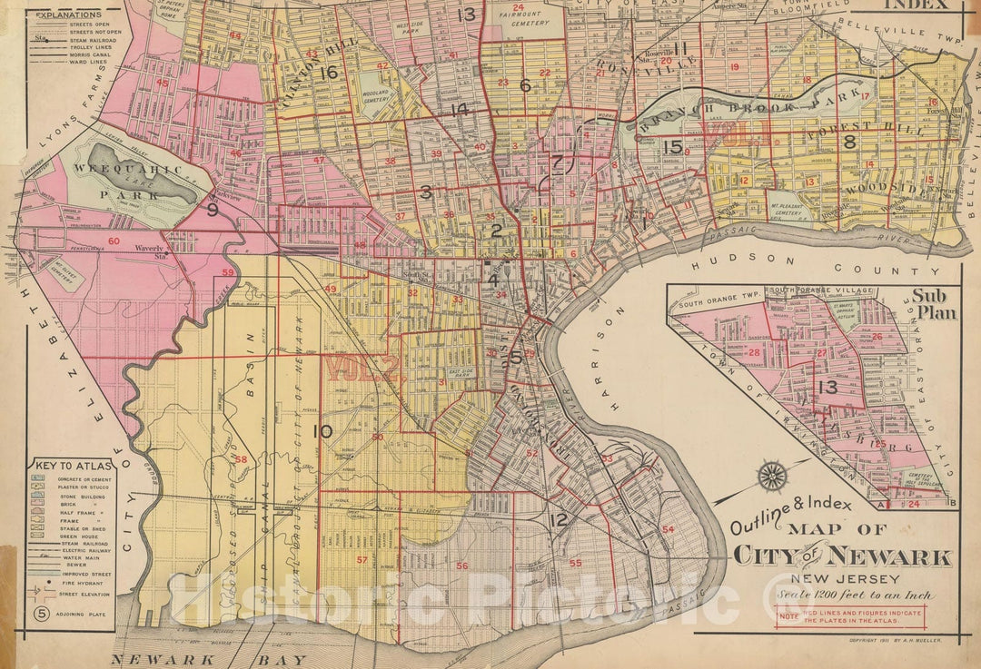 Historic Map : Atlas of Newark, Volume 1, Newark 1911 Index Plate , Vintage Wall Art