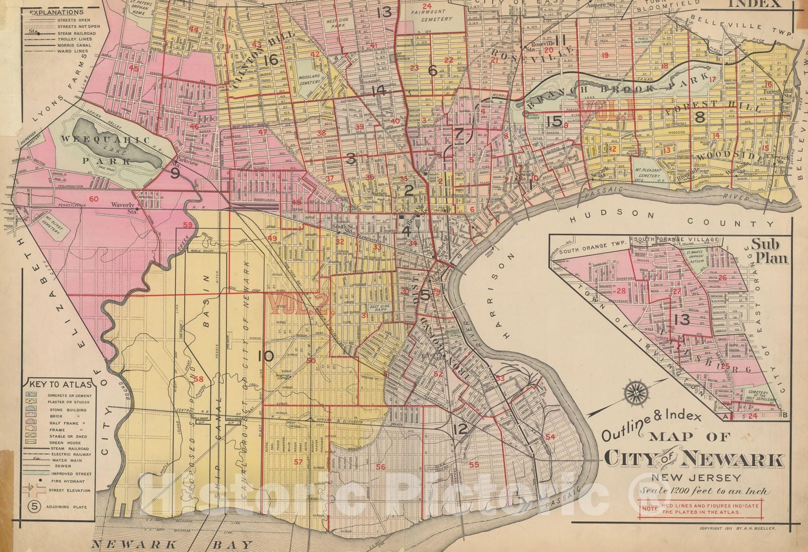 Historic Map : Atlas of Newark, Volume 1, Newark 1911 Index Plate , Vintage Wall Art