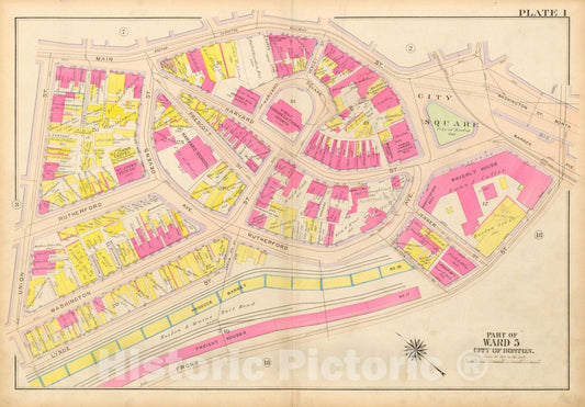 Historic Map : Atlas City of Boston: Charlestown and East Boston, Charlestown 1912 Plate 001 , Vintage Wall Art