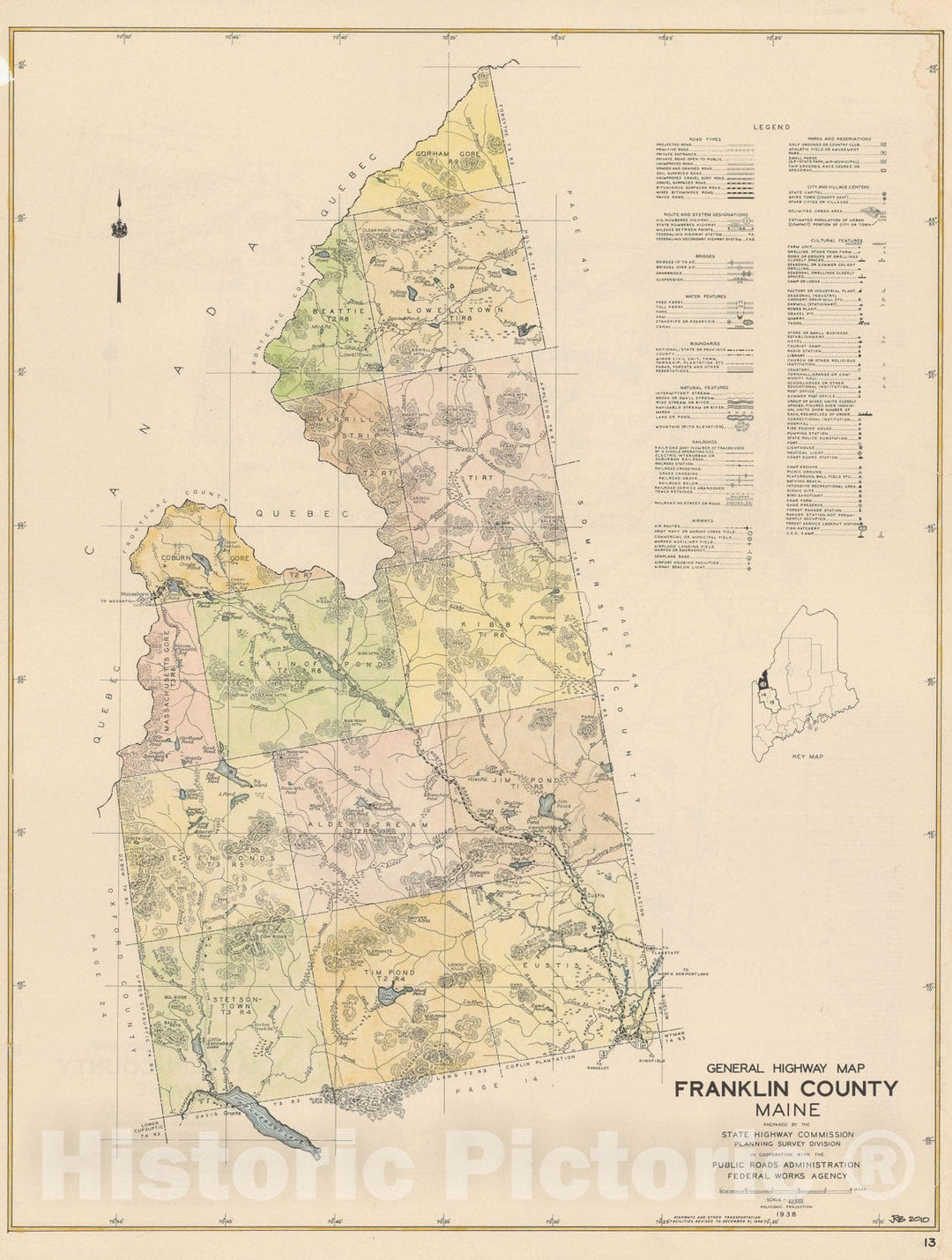 Historic Map : Maine General Highway County Maps, Franklin 1938 Plate 013 , Vintage Wall Art