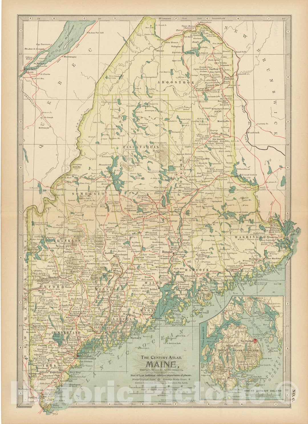 Historic Map : Maine 1914 , Century Atlas of the World, Vintage Wall Art