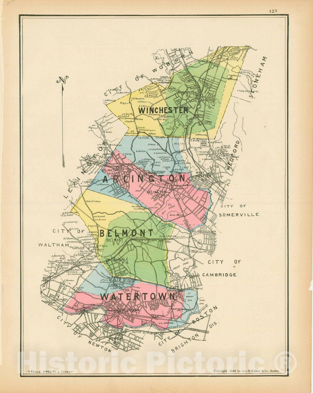 Historic Map : Atlas of Middlesex County, Massachusetts, Arlington & Belmont & Winchester 1889 , Vintage Wall Art