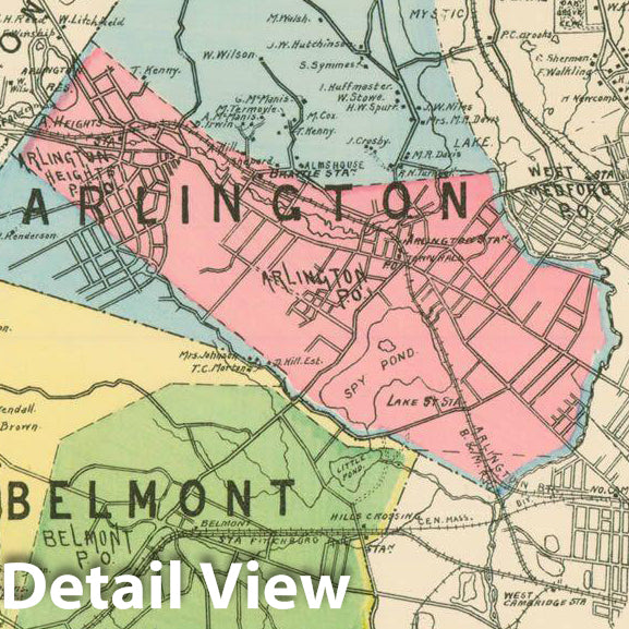 Historic Map : Atlas of Middlesex County, Massachusetts, Arlington & Belmont & Winchester 1889 , Vintage Wall Art