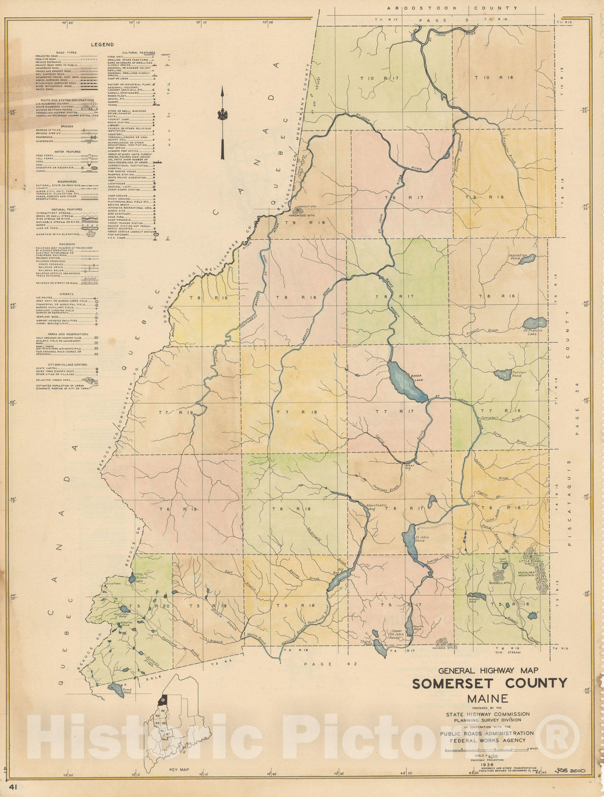 Historic Map : Maine General Highway County Maps, Somerset 1938 Plate 041 , Vintage Wall Art