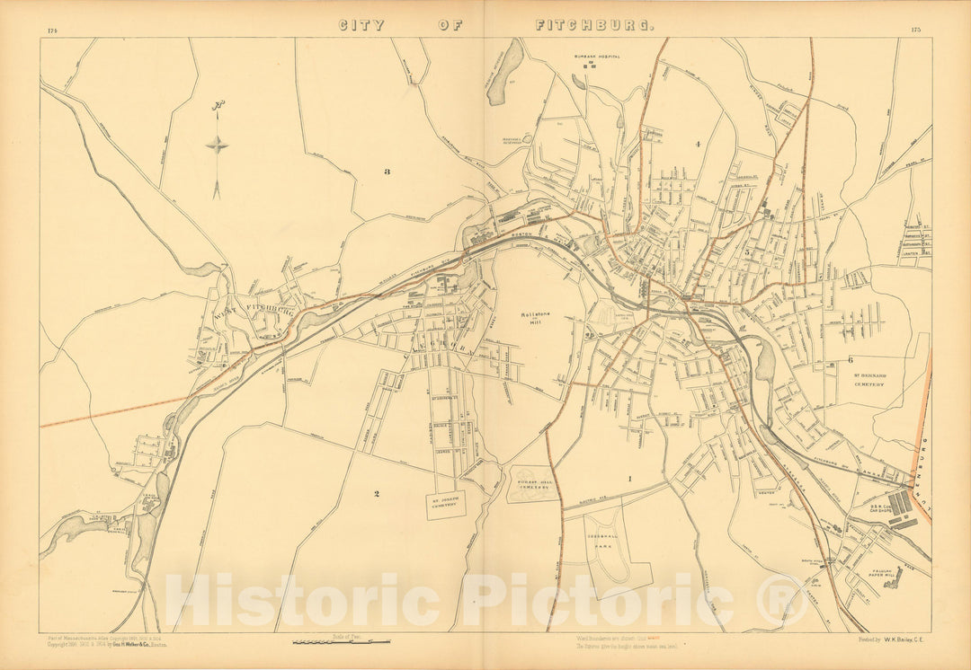 Historic Map : Atlas of Massachusetts, Fitchburg 1904 , Vintage Wall Art