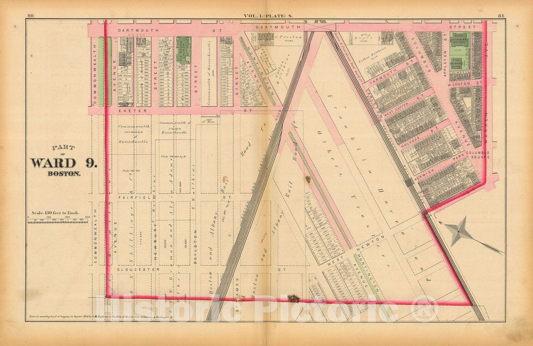 Historic Map : Atlas of County of Suffolk, MA Vol. 1 including Boston Proper, Boston 1874 Plate S , Vintage Wall Art