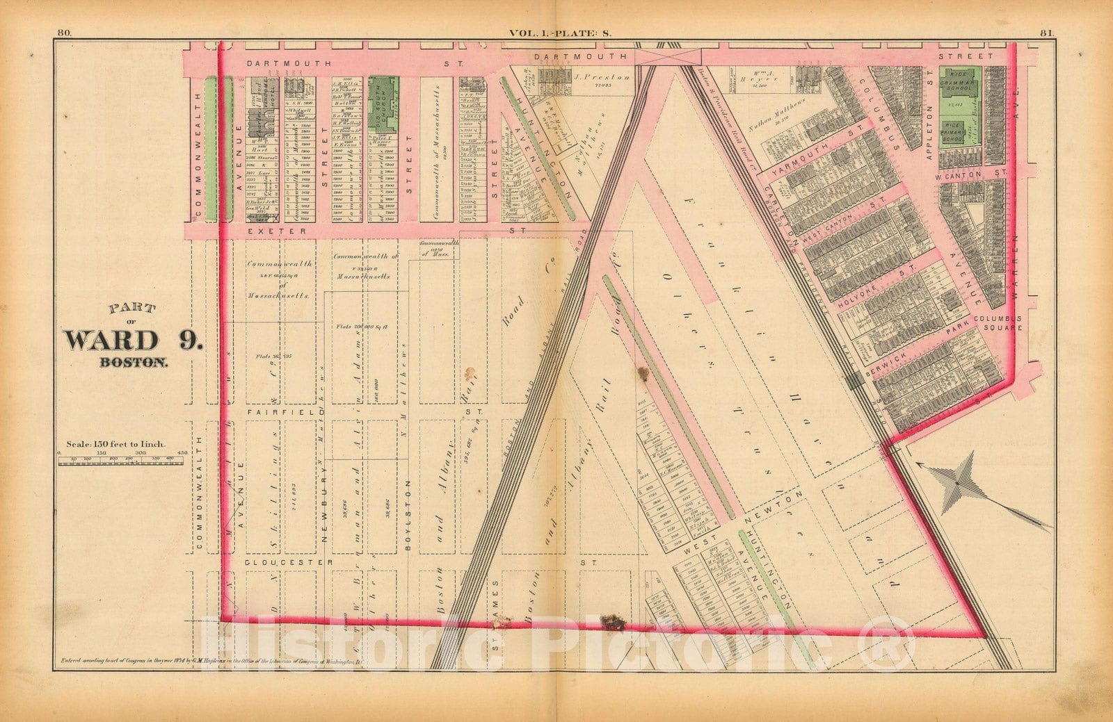 Historic Map : Atlas of County of Suffolk, MA Vol. 1 including Boston Proper, Boston 1874 Plate S , Vintage Wall Art